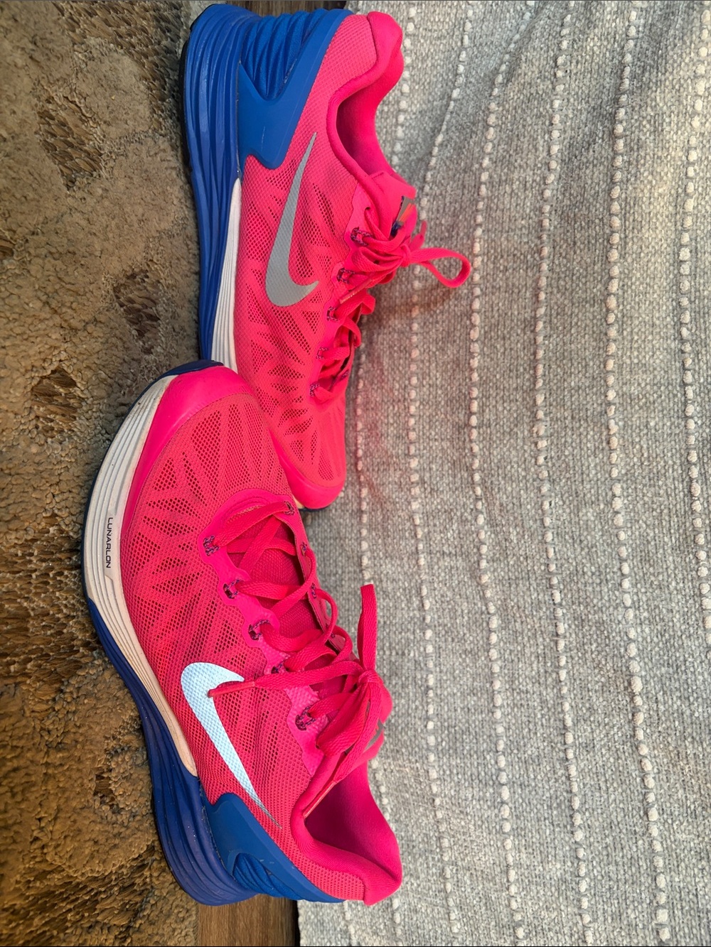 Nike Women's Hot Pink and Blue Running Sneakers with Silver Swoosh